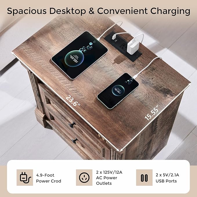 26" Tall Farmhouse Nightstand Set of 2, 3 Drawers End Table w/Charging Station, 23.6" Wide Large Side Table w/Roman Column, Wood Rustic Sofa Table for Bedroom, Light Brown