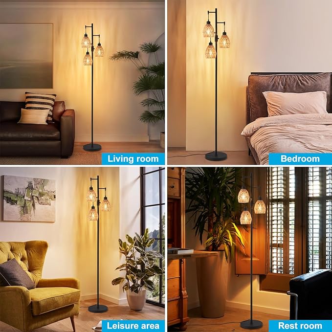 Boho Rattan Floor Lamp-Standing Lamps for Living Room 70'' Dimmable Floor Lamp with Cage Shade, Industrial Farmhouse Floor Lamps Rustic Floor Lamps Vintage Lamp for Living Room Bedroom Office