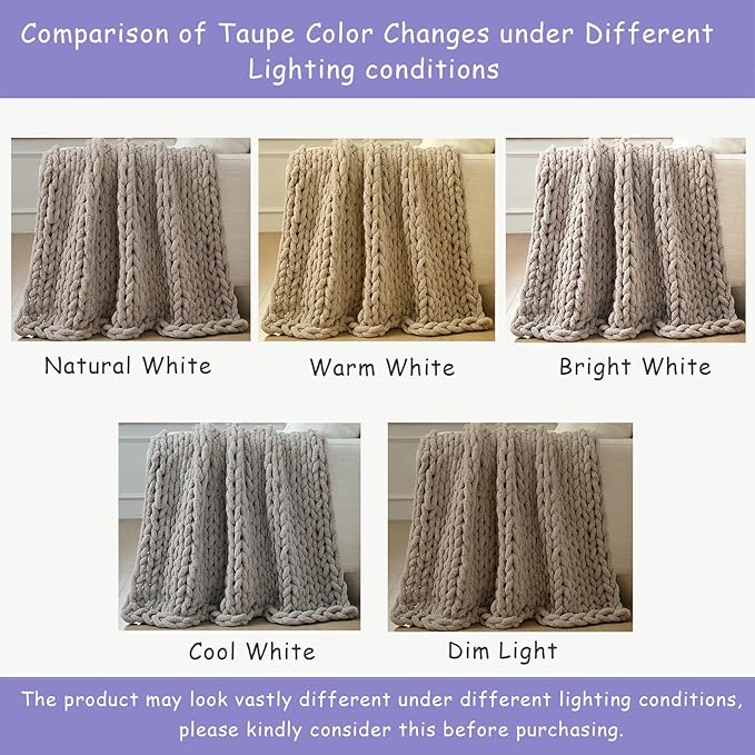 Bigacogo Chunky Knit Throw Blanket for Couch, 60x80 inches, 100% Hand Knitted with Thick Jumbo Chenille Yarn, Cozy Soft Large Rope Knot Cable Crochet Blankets for Sofa Bed Living Room, Taupe