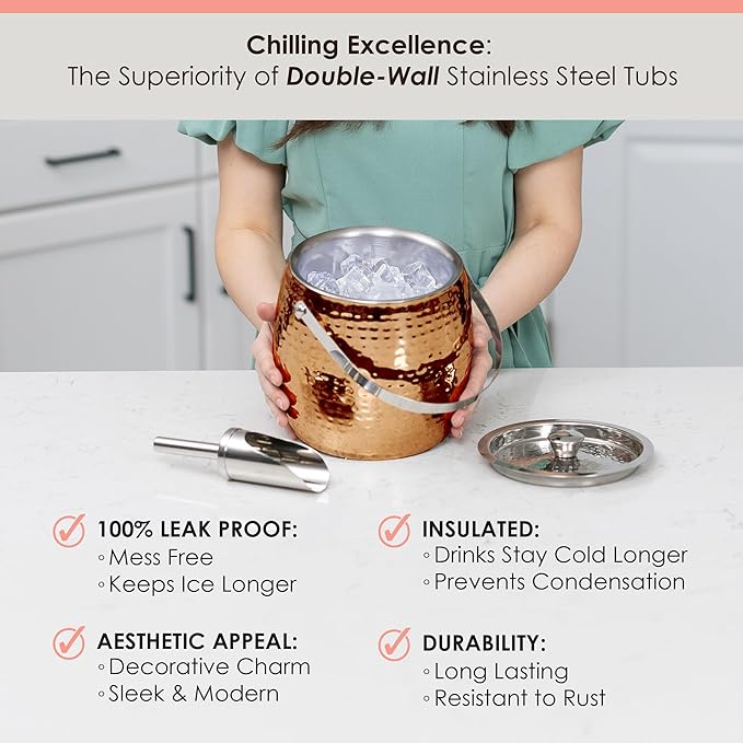 BREKX 3QT Insulated Ice Bucket for Parties with Lid and Scoop- Sweat-Free One Bottle Wine Chiller/Champagne Bucket or Ice Bucket for Cocktail Bar, Leak Proof & Easy to Clean, Rose Gold