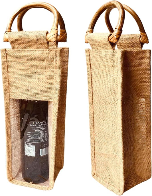 Bulap Wine Gift Bags with Window - 2 Pcs Natural Jute Wine bottle Carrier Bags for Birthday, Wedding, Anniversary, Party, Festival, Christmas Gift (2x Bags for 1-Bottle)