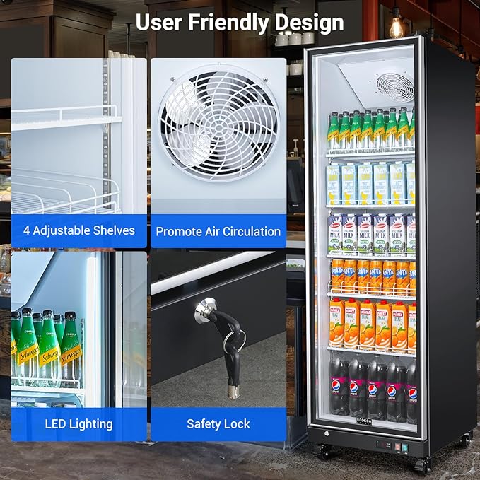 BODEGACOOLER Commercial Beverage Refrigerator Glass Door,18.1 Cu.Ft Commercial Display Merchandiser Fridge,Upright Display Bar Cooler with Soft LED Light,Adjustable Shelves,Aluminum Door,Black