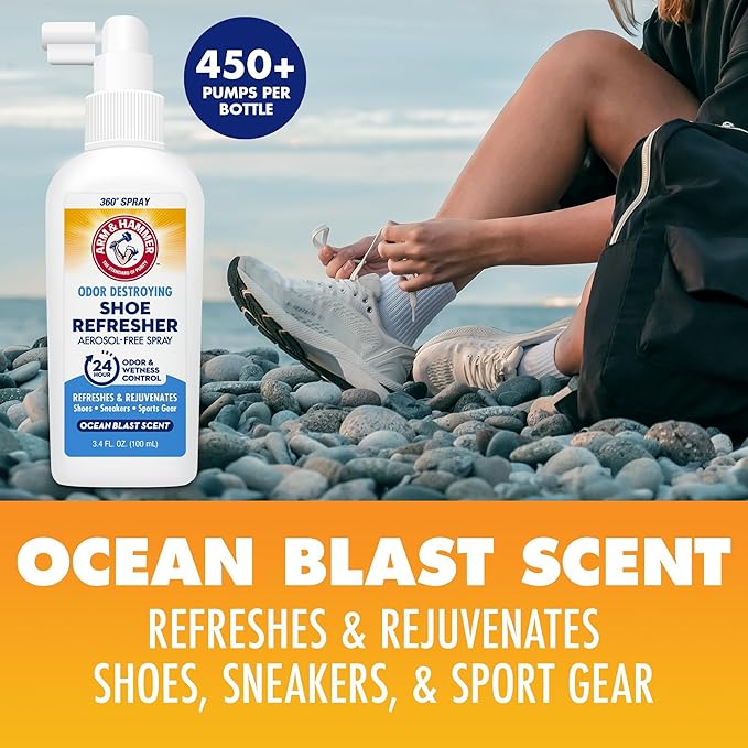 Arm & Hammer Shoe Refresher Spray, Odor Eliminator for Sneakers, 24 Odor & Wetness Control, Aerosol-Free Shoe Deodorizer Spray, Ocean Blast Scent, 3.4 oz