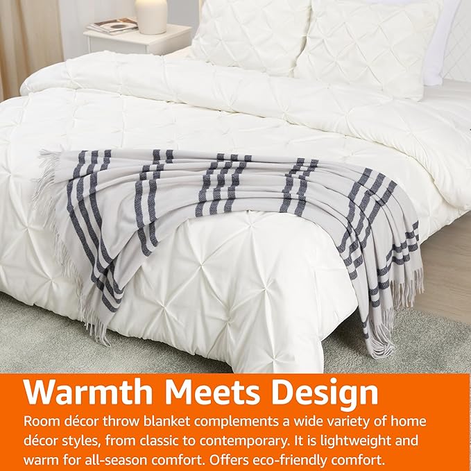 Amazon Basics Room Décor Throw Blanket, Lightweight and Cozy in Recycled Polyester, Light Grey With Blue Stripes, 50"x 60"