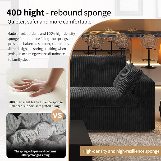 118" L Shaped Modern Sofa Modular Sectional Cloud Couch with Ottoman,Deep Seat Upholstered Couches with Plush Corduroy Fabric for Living Room Furniture,Bedroom and Apartment,No Assembly Required,Black