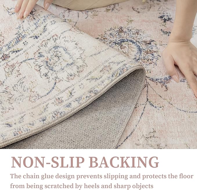 3'x5' Vintage Floral Rug - Persian Inspired Low-Pile Faux Wool Area Rug, Non-Slip Washable Small Rug for Bedroom, Nursery, Dorm, Soft Pink Boho Chic Decor