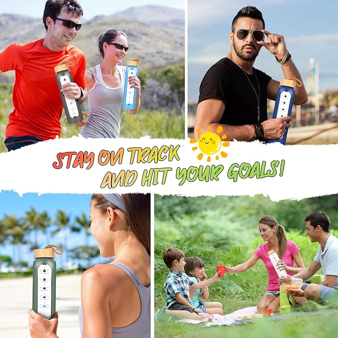 32 Oz Borosilicate Glass Water Bottle with Times to Drink | BPA Free - Reusable Wide Mouth Glass Motivational Water Bottles with Infuser & Silicone Sleeve (white)