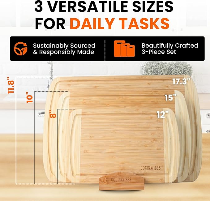 Bamboo Cutting Board Set – Charcuterie & Chopping Boards for Kitchen, Large & Small Sizes, Safe Cutting Boards for Meat, Cheese, Pizza – Home & Kitchen Gift Idea