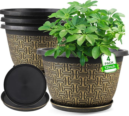 4 Pack 12 Inch Plant Pots,Large-Plant-Flower-Planters-Plastic, Flower Pots Outdoor Indoor with Drainage Holes & Trays, Retro Antique Imitation Decorative Garden Sets for Houseplants