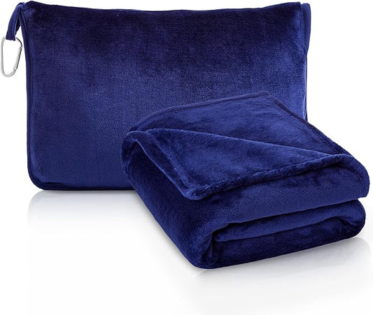 ATsense Travel Blanket Pillow, Premium 2 in 1 Soft Airplane Blanket Compact with Bag Pillowcase, Hand Luggage Sleeve and Backpack Clip - Travel Essentials for Long Trips, Flying and Car, Navy Blue