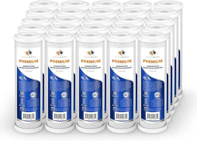 Aquaboon 5 Micron Water Filter 10 x 2.5 - Premium Carbon Block Water Filter - Carbon Water Filter Cartridges - Whole House Water Filter Cartridge Replacement Compatible with FXWTC, WFPFC8002, 25 Pack