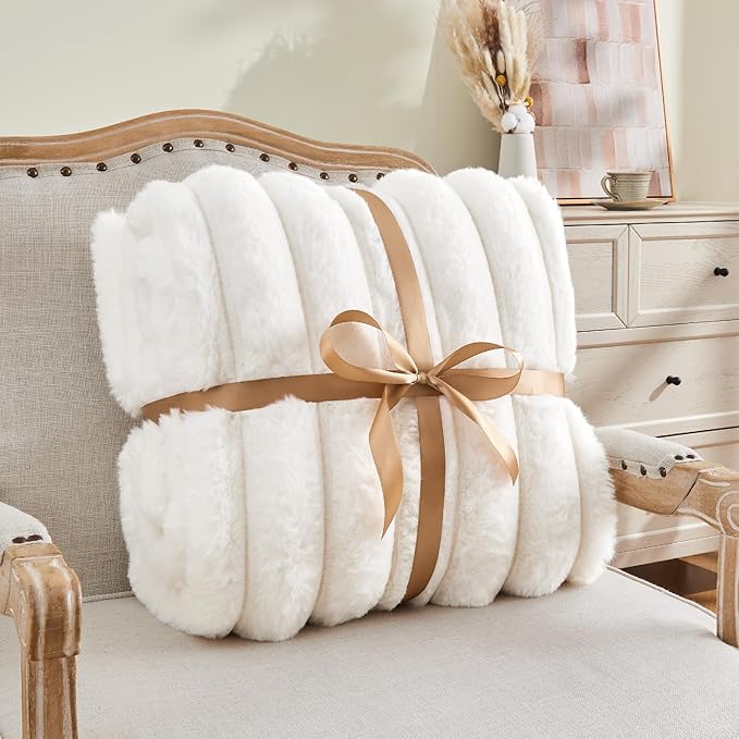 BEDELITE Faux Fur Throw Blanket for Couch, Soft and Cozy Luxurious 3D Striped Fluffy Blanket, 770GSM Thick Warm Plush Fuzzy Faux Rabbit Fur Blanket for Women Gift (Cream, 50"x 60")