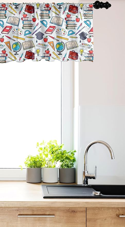 Ambesonne Science Window Valance Pack of 2, Elementary Theme Student Supplies Globe Paints and Brushes Books, Rod Pocket Curtain Valances for Kitchen Bedroom, 54" X 12", Blue Red