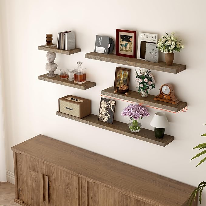 BGMG 30 inch Distressed Walnut Floating Shelves for Wall,High End Solid Real Wood 30 in Floating Shelf,Rustic Wooden Wall Mount Shelves Set of 2,Heavy Duty Bracket,30x6.7x1.25 inch