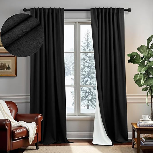Black Out Curtains 108 Inches Long 2 Panel Burg for Bedroom Window Solid Modern Blackout Linen Drapes Back Tab Sun Heat Cold No Light Blocking Curtains for Winter Living Room Blinds Shades Elegantes