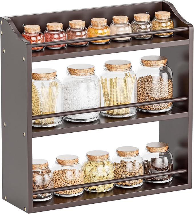 3 Tier Bamboo Wood Spice Rack, Seasoning Bottles Jars Organizer Shelf for Spices or Craft Supplies, Kitchen Counter or Wall Mounting (Brown)