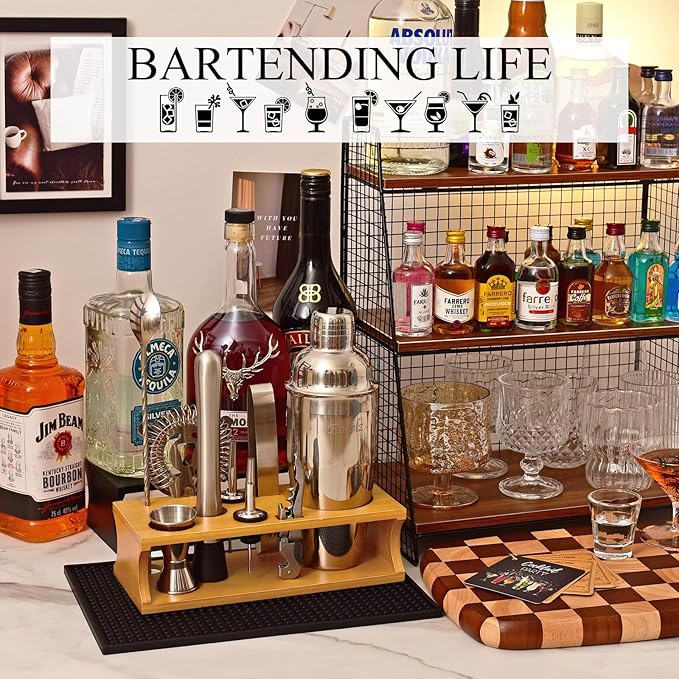 Bartender Kit Cocktail Shaker Set with Stand Bar Tool Bar Set for Drink Mixing Home Bartending Kit 11-Piece Bar Cart Accessories: Martini Shaker, Mixer Spoon, Jigger, Muddler, Strainer & Recipes Gifts