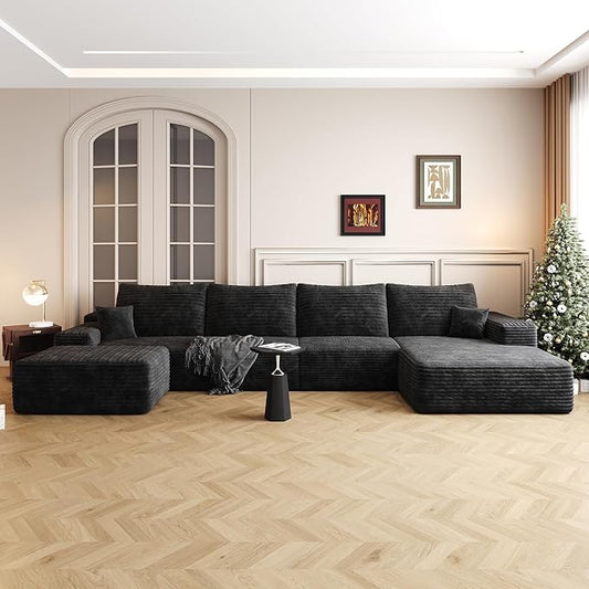 136" Sectional Couches for Living Room Modern Modular Sofa with L-Shape Couchs Upholstered Boneless Couch Deep Seat Sectional Couch with Chaise (Black, Right Facing Chaise+3Seaters+Ottoman)