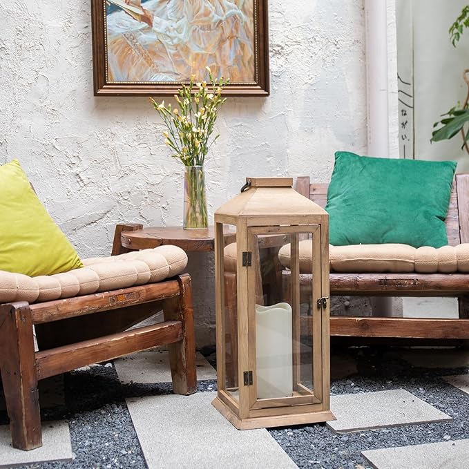 Bdor 2 Pack Lanterns Decorative - 27.5in New Zealand Pine Lanterns Decorative with Flameless Pillar Candles, Decorative Lanterns for Home Decor, Indoor Outdoor, Front Porch, Garden, Farmhouse Style