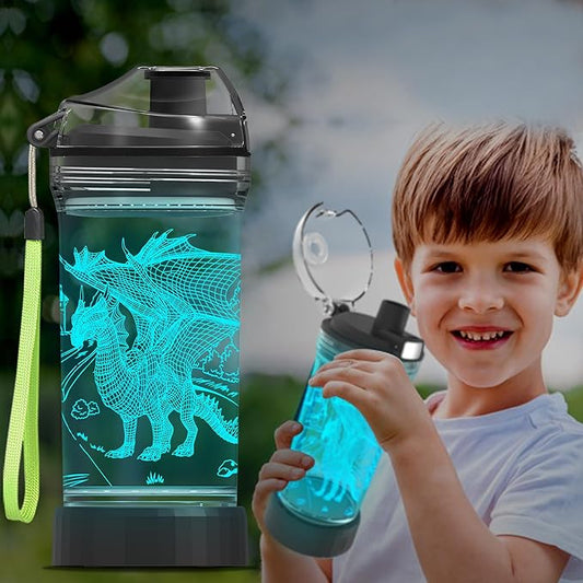 Ammonite Dragon Kids Water Bottle with 3D Glowing LED Light - 14 OZ Tritan BPA Free - Creative Ideal Travel Cup Gift for School Kid Boy Child Holiday Camping Picnic