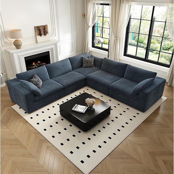 118" Cloud Couch Oversized Modular Sectional Sofa for Living Room,Modern Sofa with Deep Seat，V Shaped Boneless Couch,Comfy Upholstered Corduroy Couches for Apartment, Studio, Office,Bedroom，Blue