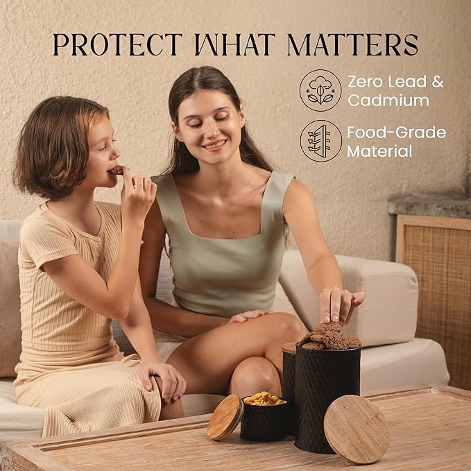 6 Canister Set for the Kitchen Countertop – Metal Food Storage Canisters with Airtight Lids for Flour, Tea, Crafts, Coffee, & Sugar – Container Set with Modern Wood Lids, Black