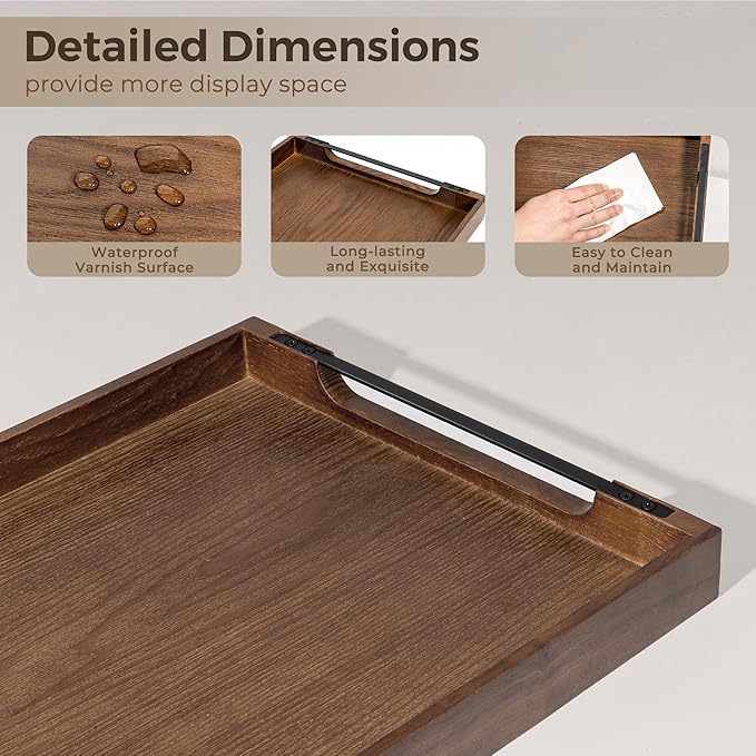 Axeman Wooden Serving Tray with Metal Handles|Ottoman Tray for Breakfast, Bed, Couch|17x13in Ash Wood Coffee Table Trays|Food Drinks Decorative Storage Boards for Ottoman Kitchen, Walnut