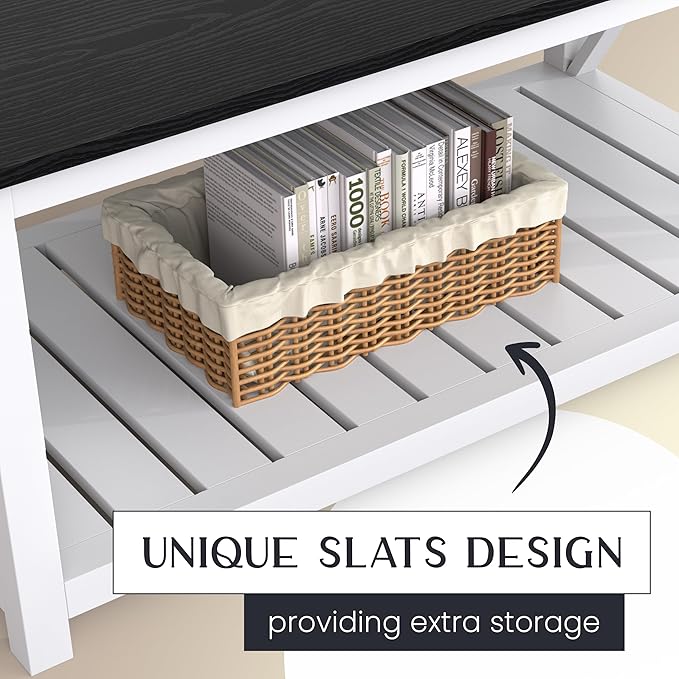 40" Farmhouse Coffee Table | Vintage Rustic Wooden Coffee Table with Lower Shelf for Living Room, Dorm, Office, Bedroom Center Table - Black