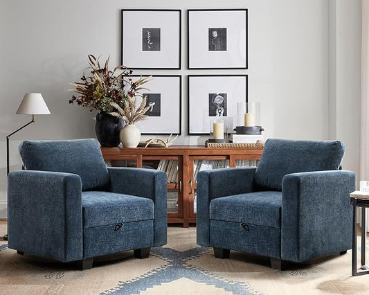 38.5 Oversized Accent Chair with Storage Blue Chenille, Single Modern Accent Sofa Chair with Arms for Apartment Living Room (21" Deep Seat)