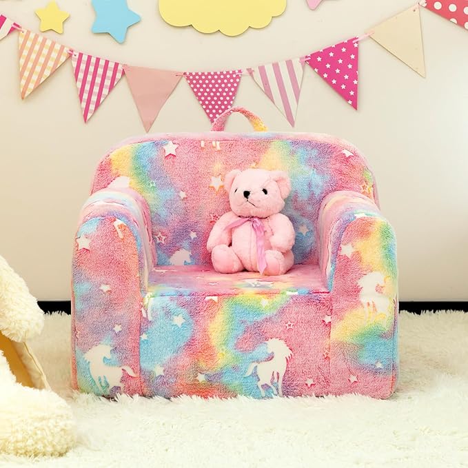 ALIMORDEN Kids Ultra-Soft Snuggle Foam Filled Chair, Cuddly Sherpa Reading Couch for Boys and Girls,Glow-in-The-Dark Unicorn Pattern
