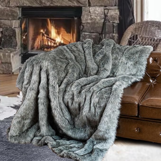 BATTILO HOME Silver Grey Faux Fur Throw Blanket for Couch, Bed, Fake Fur Blankets & Throws, Thick Warm Heavy Fluffy Fuzzy Elegant Furry Blanket Long Pile with Black Tips, 50"x60"