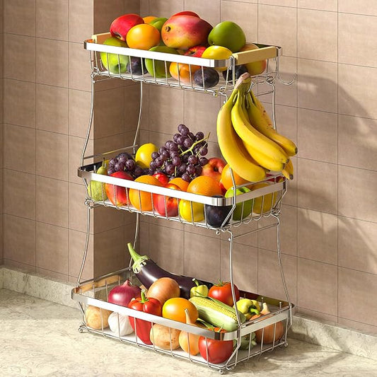 3 Tier Fruit Basket for Kitchen Counter with 2 Mobile Banana Hangers, 2025 Pro Detachable Metal Fruit Bowl with Wooden Handle, Fruit Holder for Bread Snack Veggies, Silvery