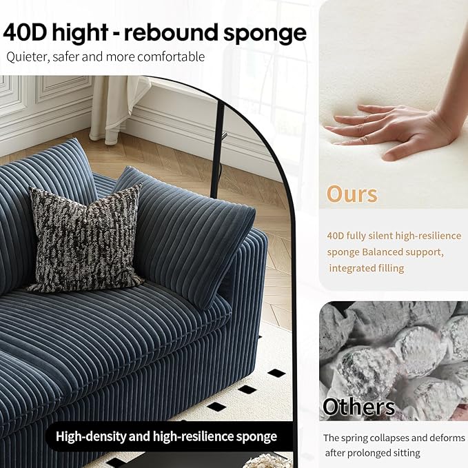 157.5" Cloud Couch Modular Sectional Sofa for Living Room,Modern Sofa with Deep Seat，L-Shape Boneless Couch with Ottoman,Comfy Upholstered Corduroy Couches for Apartment, Studio, Office,Bedroom，Blue