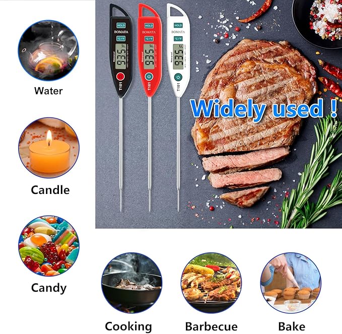 BOMATA 6 Pack Waterproof IPX7 Meat Thermometer Instant Read Food Thermometer with Long Probe for Water, Liquid, Kitchen Cooking, Grill,BBQ ! T101 X 6 Pcs (Black & Red & White)…