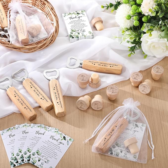 Barydat 36 Sets Wedding Favors for Guests Mr and Mrs Wooden Wine Stopper Cork Beer Bottle Opener with Wedding Thank You Gift Card Organza Bag Wedding Gifts for Engagement Bridal Shower Party Supplies