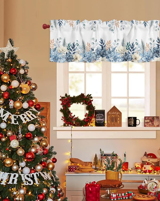 Blue Christmas Poinsettia Valance Curtains for Kitchen Windows Winter Eucalyptus Leaves Rod Pocket Window Treatment Toppers for Kitchen/Living Room/Bedroom/Bathroom, 42" X 18",