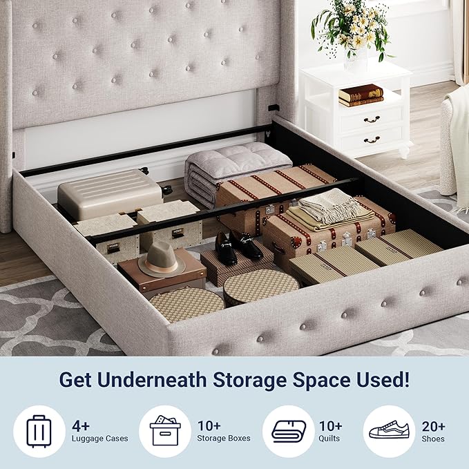 Allewie Full Size Lift Up Storage Bed, Button Tufted Headboard with Wingback, Hydraulic Support, No Box Spring Needed, Light Beige