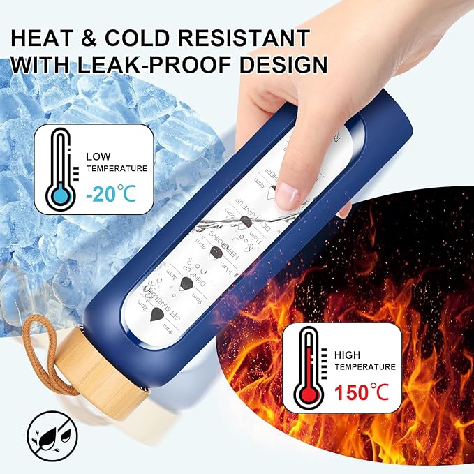 32 Oz Borosilicate Glass Water Bottle with Times to Drink | BPA Free - Reusable Wide Mouth Glass Motivational Water Bottles with Infuser & Silicone Sleeve (dark blue)