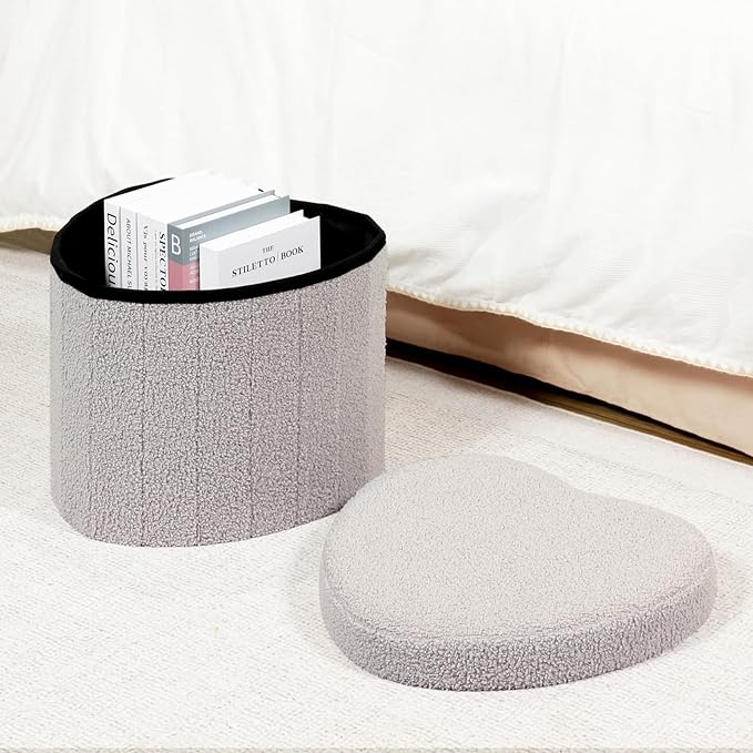 B FSOBEIIALEO Storage Ottoman Cube, Heart Shaped Ottomans with Storage Foot Stool Footrest for Lving Room, Boucle Ottoman Seat for Dorm Room,Faux Teddy Fur, Grey 15"x15"x15"
