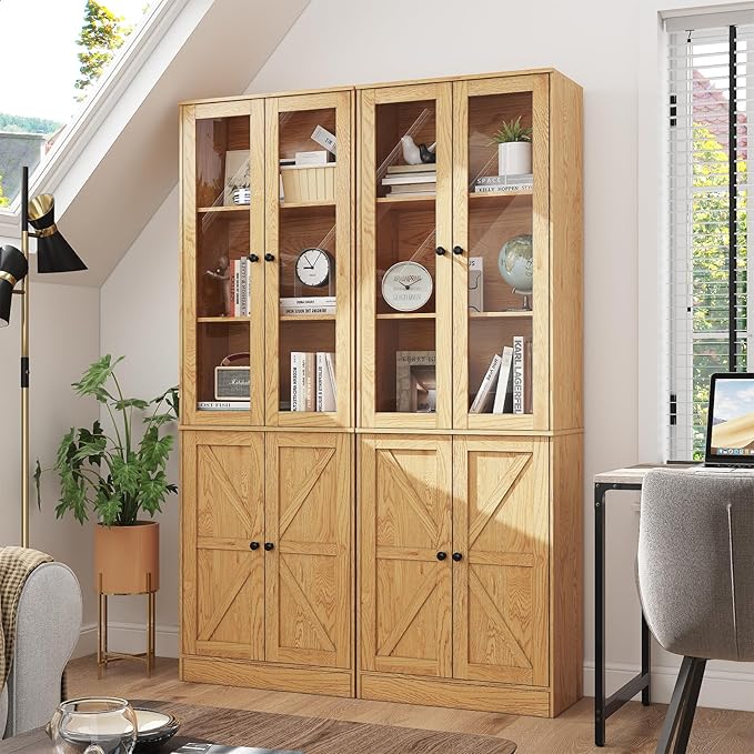 71" Tall Bookcases Set of 2, Bookshelves with Doors, 5-Shelf Bookcase with Storage, Wooden Bookshelf Floor Standing Display Storage Shelves Home Decor Furniture for Living Room,Bedroom,Natural