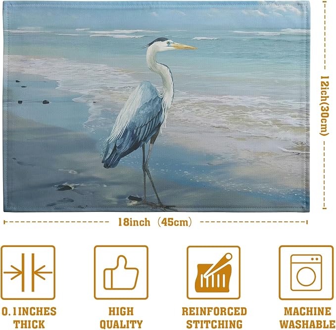 Blue Heron Placemats Set of 4 Summer Coastal Beach Pelican Placement Mats for Dining Table Nautical Ocean Bird Pattern Washable Non-Slip Heat-Resistant Linen Place Mats