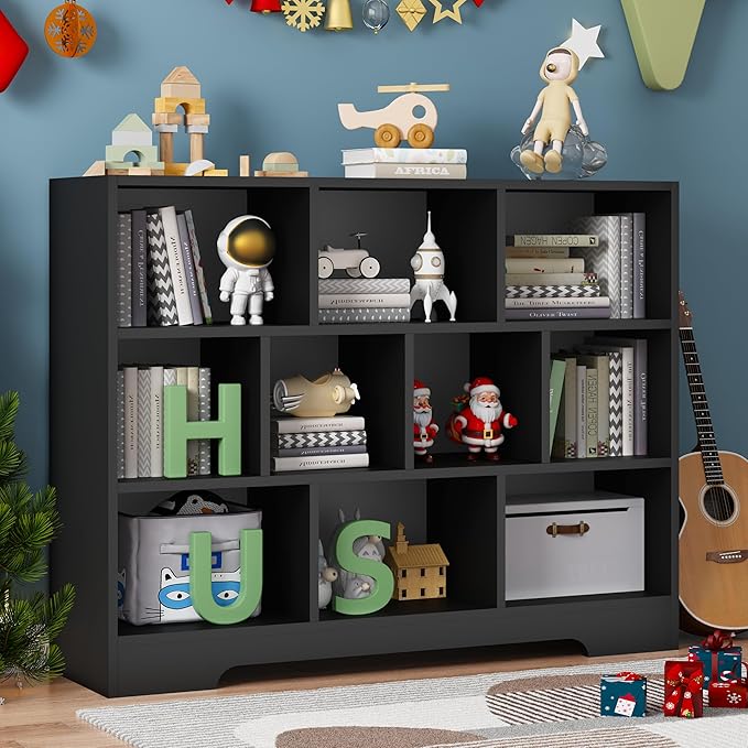 Book Shelf Set of 2, 10 Cubes Storage Organizer, 3-Tier Open Bookshelf Wooden Bookcase, Freestanding Black Bookshelf Cube Shelf for Bedroom, Living Room, Home Office