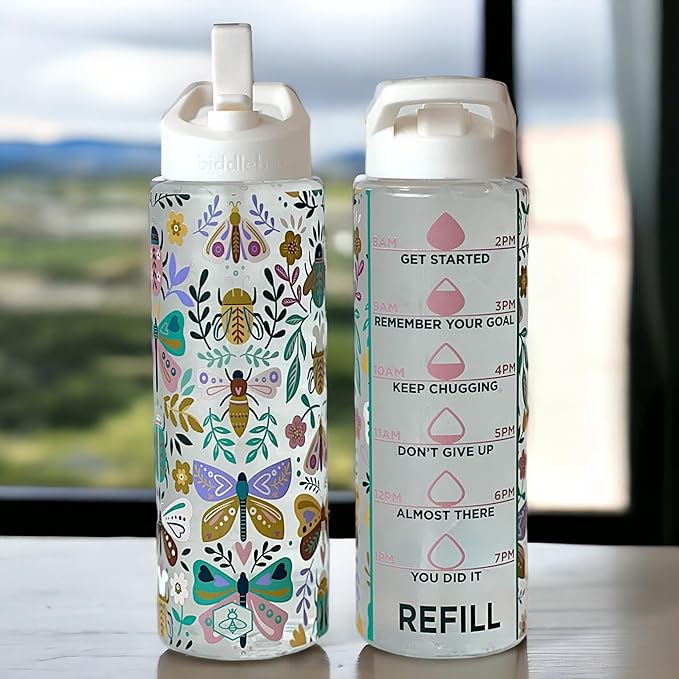 Biddlebee 32oz. Hydration Tracker Water Bottles with Times To Drink | Big Motivational Water Bottle with Time Marker, Straw Lid, & Measurements | BPA-Free (Garden Insects)