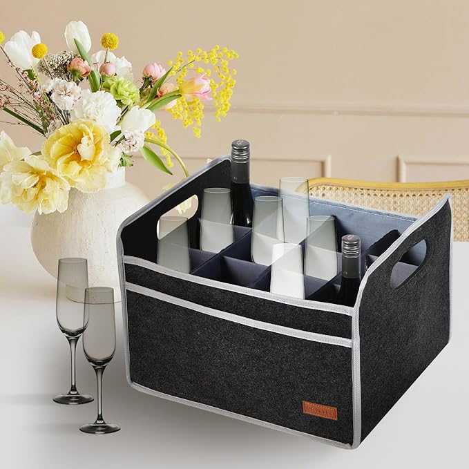 12 Bottle Wine Carrier, Thicken Felt Wine Carry Case Collapsible Wine Bottle Storage Box Liquor Bottle Tote with Handles for Travel, Party, Picnic (Dark Gray)