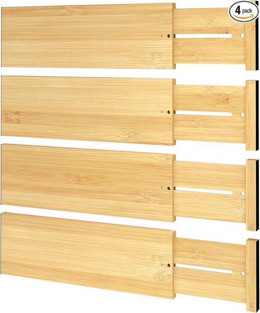 BAMEOS 4 PCS Bamboo Drawer Divider Adjustable Drawer Dividers Kitchen Drawer Organization Utensil Organizers for Kitchen Dresser Bathroom Bedroom and Office