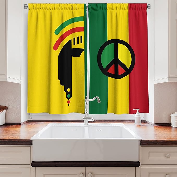 Ambesonne Rasta Long Kitchen Curtains, Iconic Barret Reggae and Jamaican Music Culture with Peace and Borders, Two Panels Drapes with Rod Pocket Room Decor, 55" x 45", Green Red