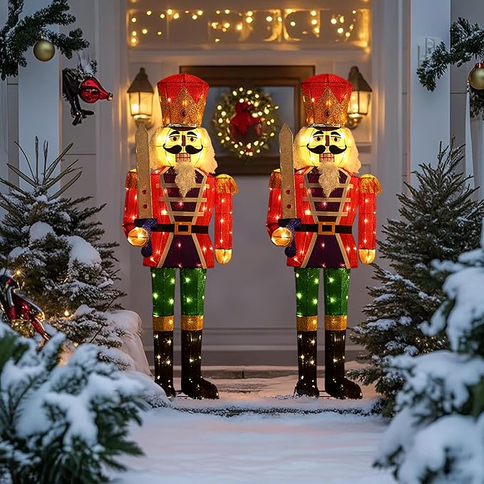 61Inch Nutcracker Christmas Decor Outdoor with LEDs 5 Feet Lighted Large Nutcracker Lighted Christmas Decorations Outdoor with Stakes & Zip Ties for Xmas Yard, Porch, Lawn