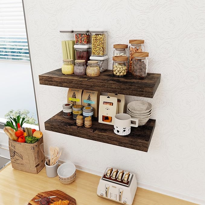 12 Inch Deep Floating Shelves, 24 x 12 Floating Shelf for Books, Rustic Wood Deep Wall Shelves for Home Storage & Display, 2" Thicked Shelves for Kitchen, Living Room, Bedroom, Rustic Brown, 1 Pack