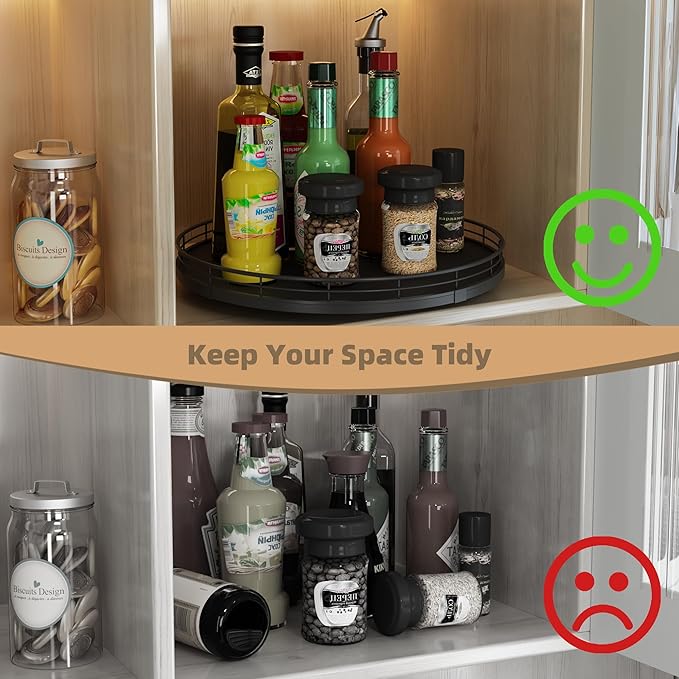 13" Lazy Susan Turntable Organizer for Table Top, Round Wooden Lazy Susan for Cabinet Kitchen Decor Centerpieces Coffee Table, Storage Condiments Spices, Bathroom Vanity Tray for Soap, Black