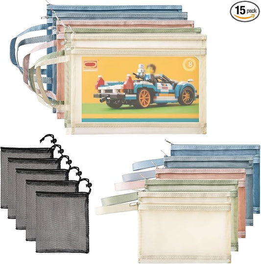 15pcs Mesh Zipper Pouch Storage Bag Clear Zipper Pouch for Organization Double-Layer Nylon Building Block Sets Toy Storage Handle Puzzle for Activity School Office Game(5Pcs A4+5Pcs A5+5Pcs Mesh Bag)